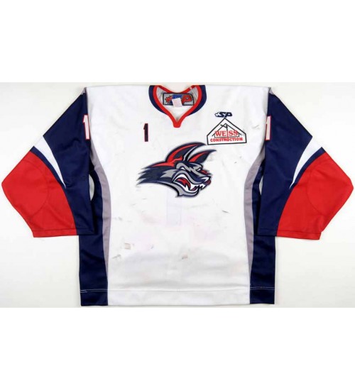 Custom ECHL 2008 09 Elmira Jackals 1 Miles OKeefe Hockey Jersey Home White